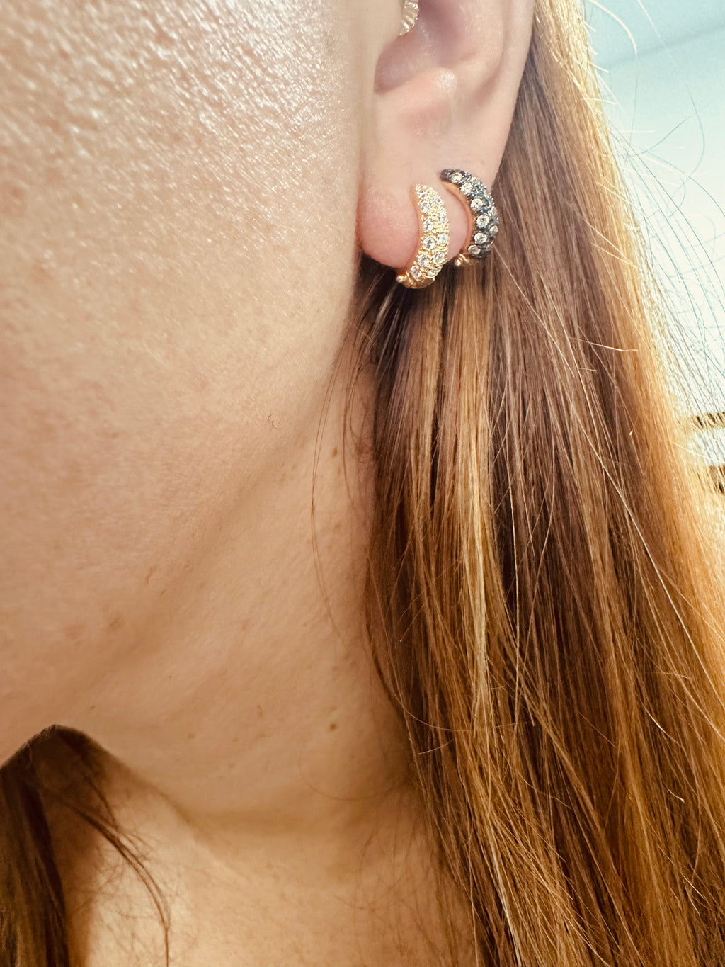 Huggie Hoop Earrings – Black & Clear CZ - Gold & Rose Gold Finish