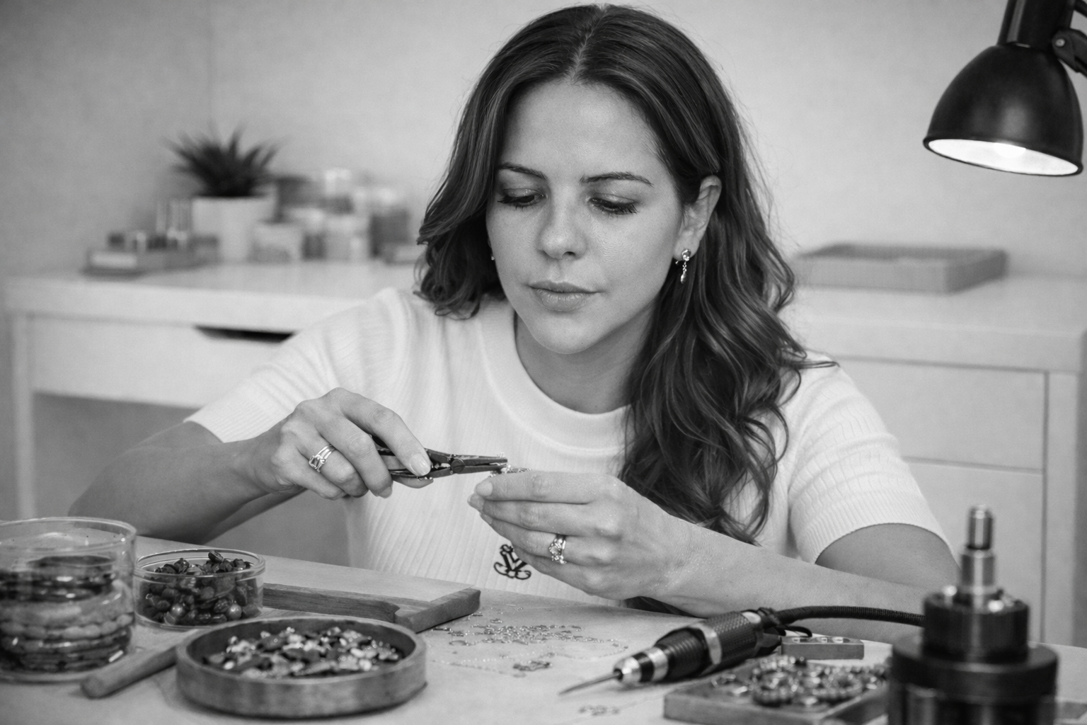 nicole working on jewellery at a table with tools and materials in her studio in nicosia cyprus