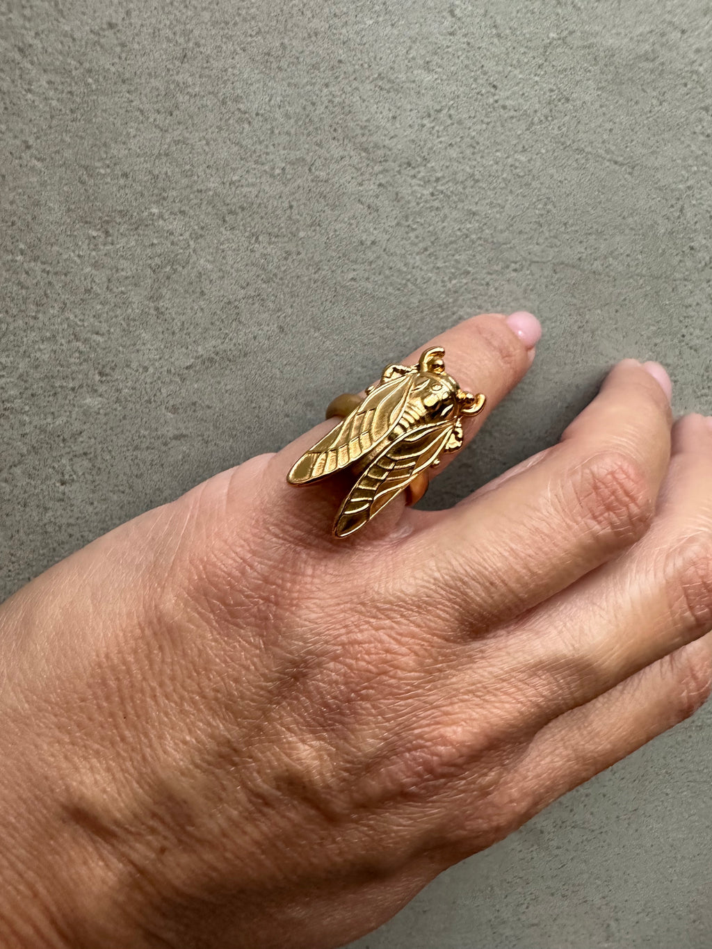 Hand wearing a gold ring with a detailed design on a gray background