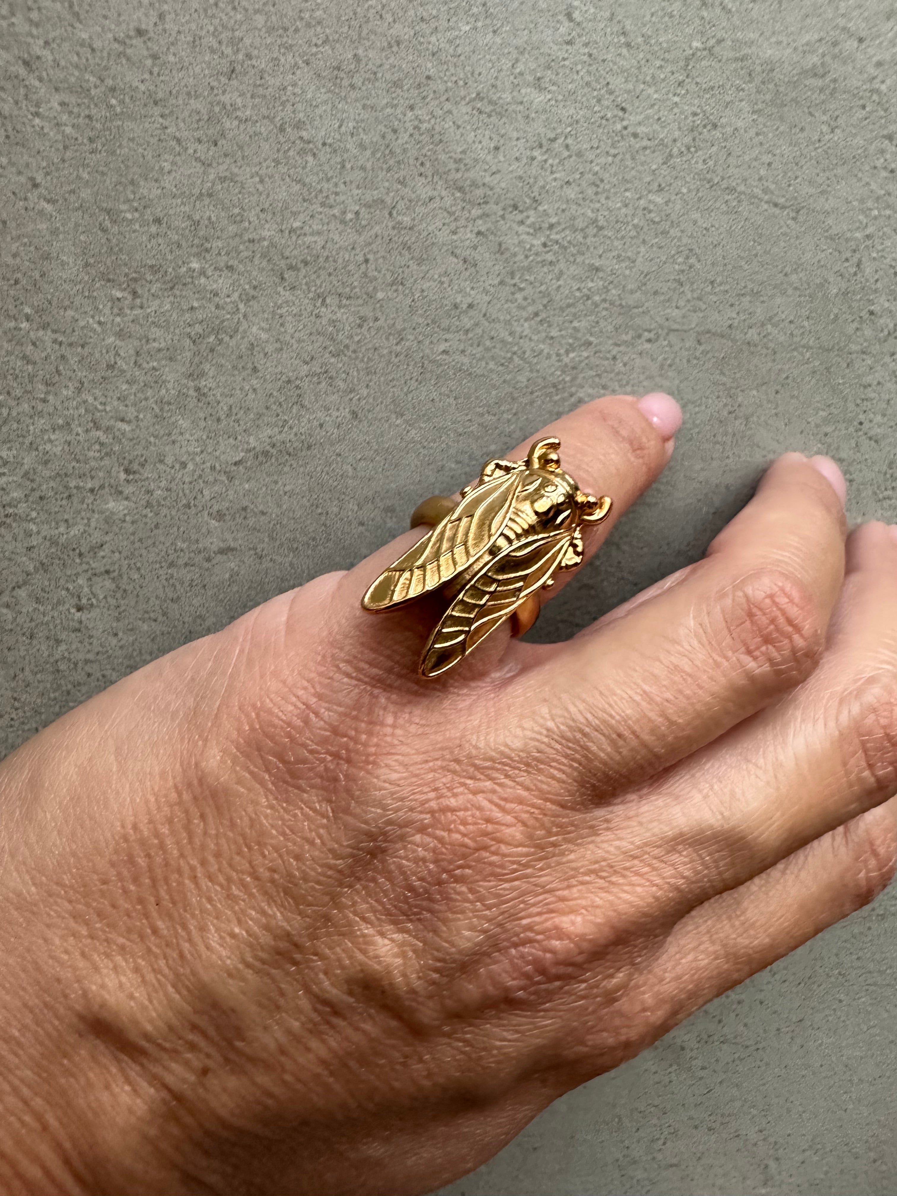Hand wearing a gold ring with a detailed design on a gray background